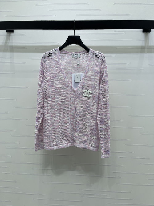 Chanel Gradient Hollow V-Neck Knit Cardigan with Double C Embroidered