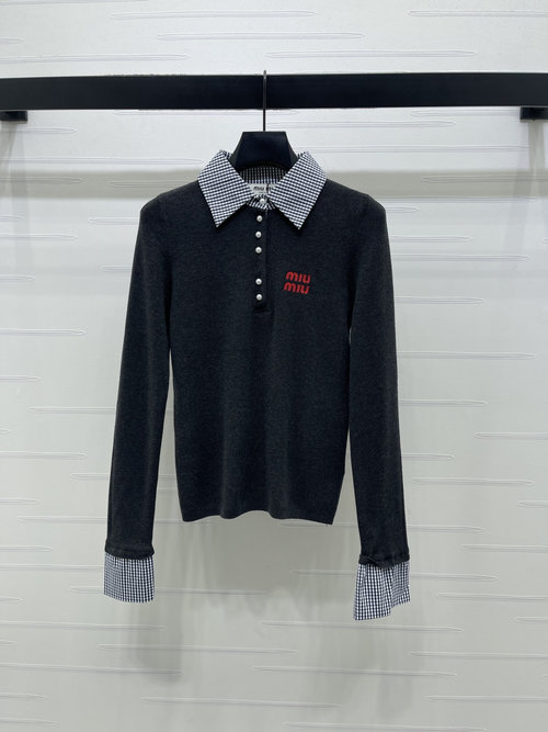 Miu Miu New Arrival: Knitted Long Sleeve with Checked Collar and Pearls