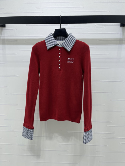 Miu Miu New Arrival: Knitted Long Sleeve with Checked Collar and Pearls