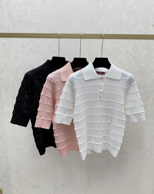Max Mara White, Pink and Black Solid-Color Turn-Down Collar Knitted Short Sleeve