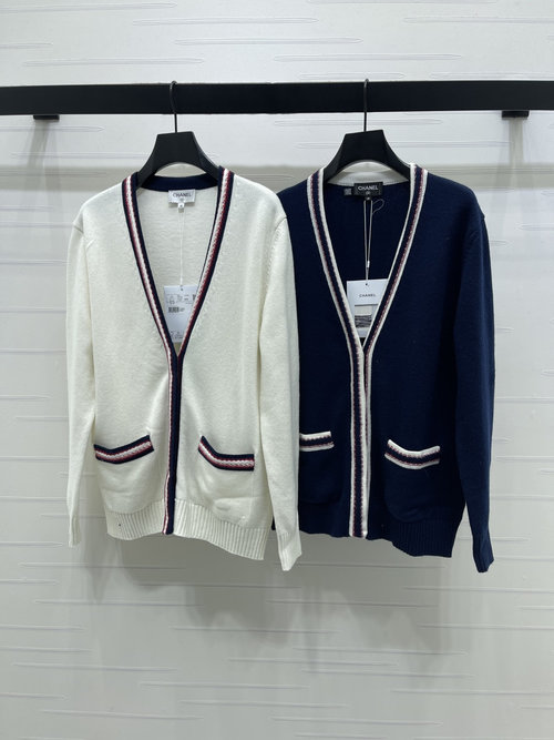 Chanel Classic College Style Contrast V-Neck Knit Cardigan