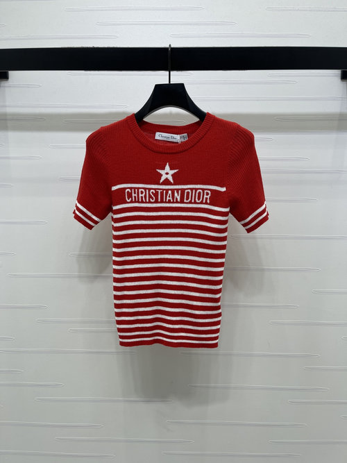 Dior Premium Short - Sleeve Knit with Star Pattern and Two - Color Stripes
