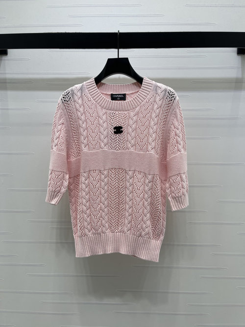 Chanel Hollow Round Neck Knit Short Sleeve with Double C Logo