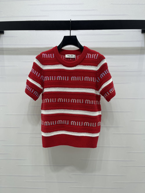 Miu Miu High - Quality Short - Sleeve Knit with Color - Block Stripes and Logo