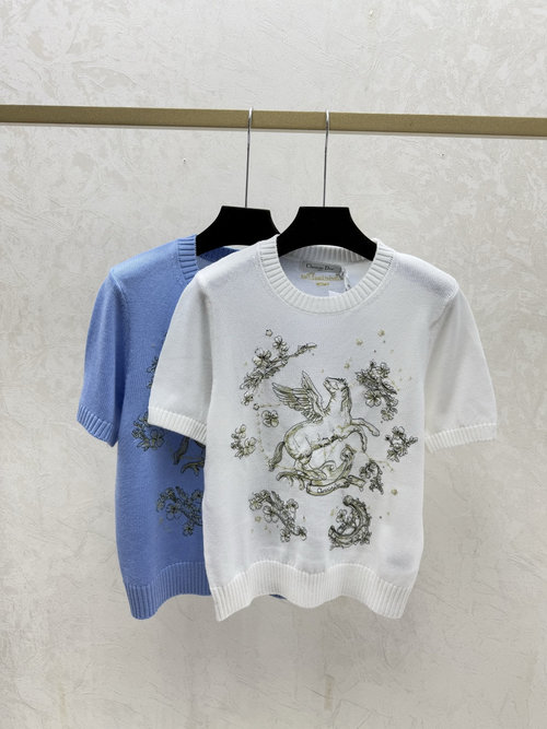 Dior Contrast Pony Embroidery Round-neck Short-sleeved Knit