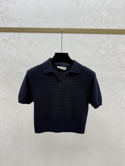 Miu Miu Solid Color Hollowed-out Collar Short-sleeved Knit