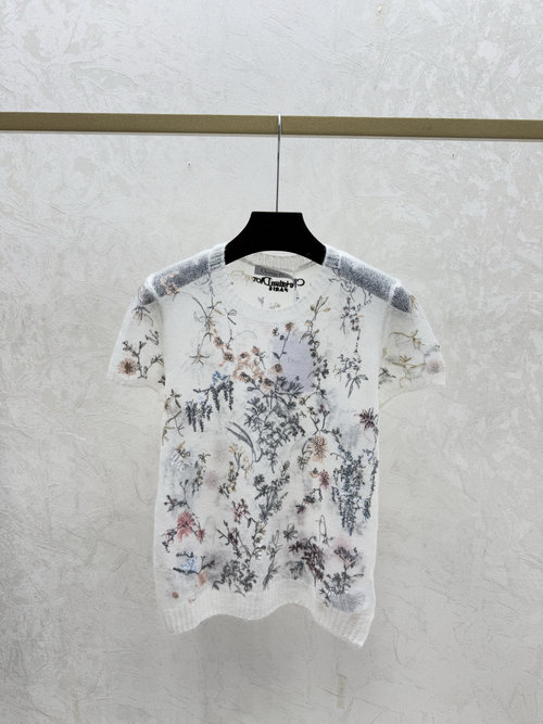 Dior Spring Round Neck Knitted Top with Contrast Flowers