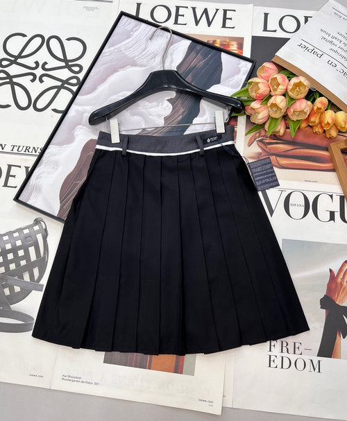 Prada High-Waisted Pleated Skirt with Contrast Waistband