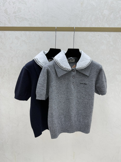 Miu Miu Gray Color-Blocked Lapel Simple Knitted Short-Sleeve