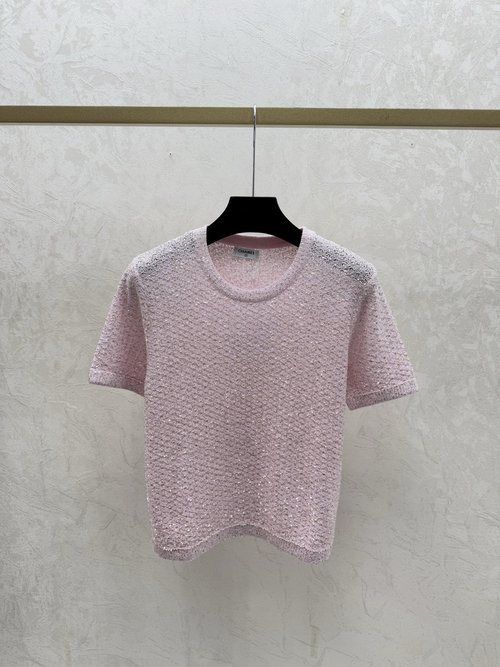 Chanel New Pink Solid Beaded Hollowed Knit Short-Sleeve