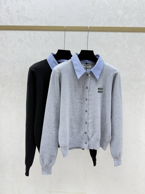 Miu Miu Contrast Color V-Neck Knit Long Sleeve Cardigan in Grey, Black