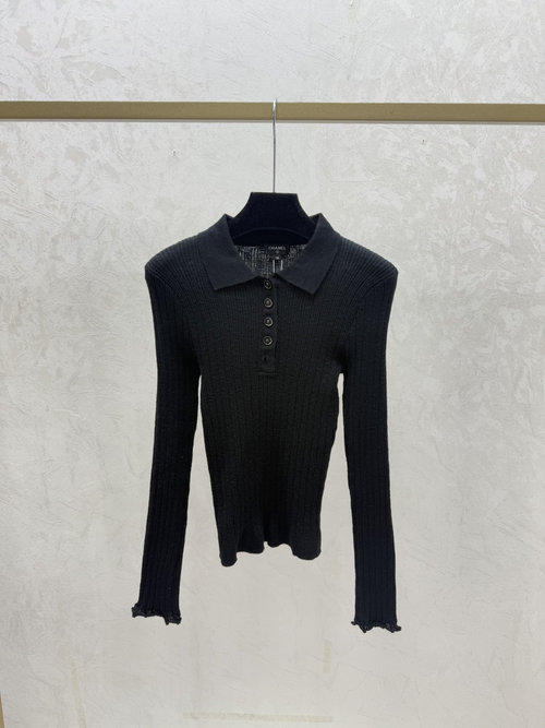 Chanel Solid Color Knitted Long Sleeve with Turned Collar in Black