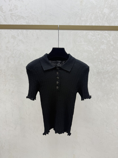 Chanel Solid Color Knitted Short Sleeve with Turned Collar in Black