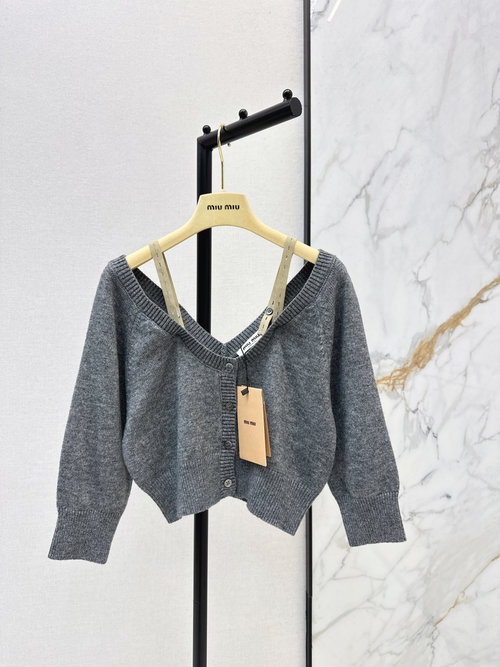 Miu Miu Pure and Sultry Gray Off-Shoulder Knit Cardigan