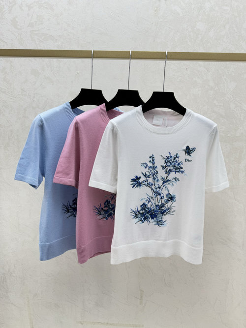 Dior Contrast Color Butterfly Floral Round Neck Knit Short Sleeve