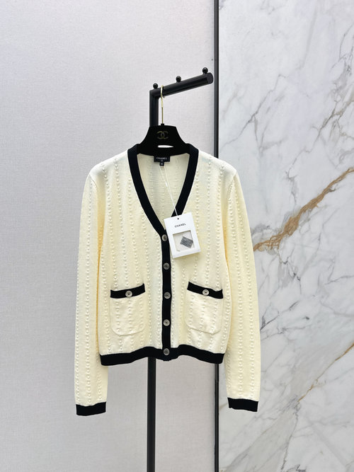 Chanel Stylish V-Neck Cardigan with Contrast Trim