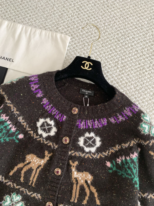 Chanel Deer and Flower Pattern Knitted Cardigan
