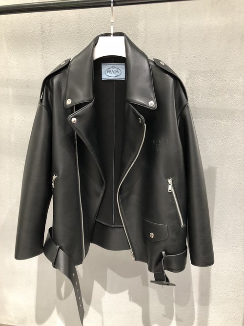 Prada High - end Leather Jacket with Logo Zippers and Wide Fit