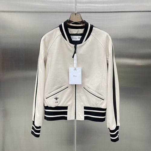 Dior Genuine Leather Spring Color-Blocked Baseball Jacket with Exquisite Details