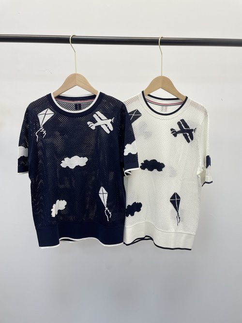 Thom Browne Colorful Cartoon Round Neck Hollowed-Out T-shirt in Navy and White