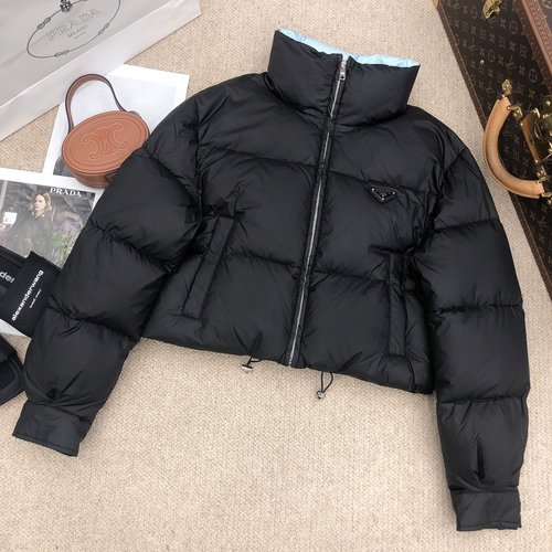 Prada Down-Filled Short Puffer with Stand-Up Collar, Black and White