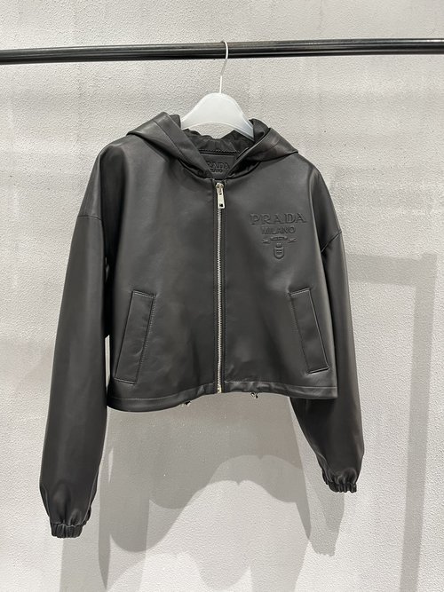 Prada Short Leather Jacket with Embroidered Logo and Loose Design