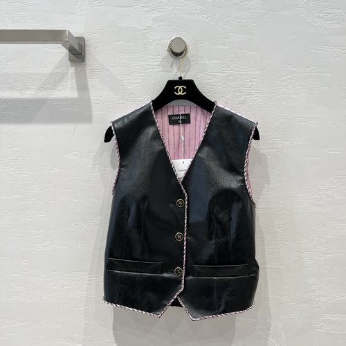 Chanel Luxury Leather Patchwork Vest with Knit Trim and Logo Print
