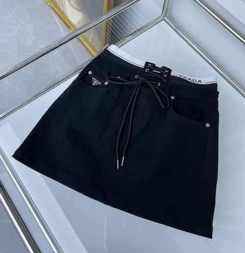 Prada Adjustable Strap Denim Skirt with Letter Webbing