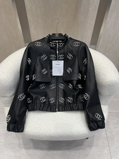 Chanel Authentic Leather Jacket with Pearl Logo and Cuffed Design