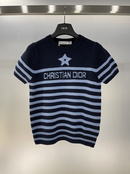 Dior Jacquard Star & Letter Striped Short-Sleeved Knitted Top