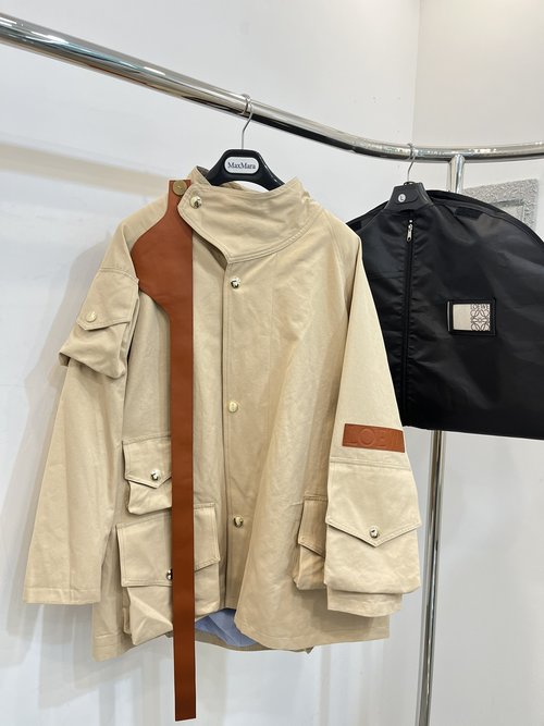 Loewe Stand-up Collar Trench Coat with Imported Sheepskin and Multiple Pockets