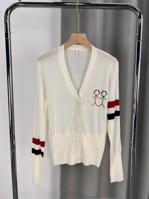 Thom Browne College Style Matchstick Knit Cardigan with Contrast Stripes