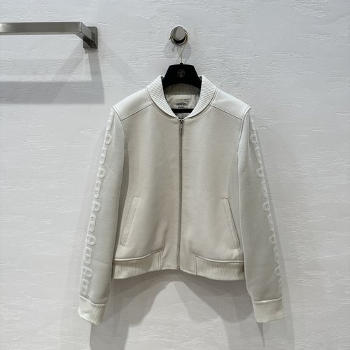 Hermes High-End Original Litchi Grain Lambskin Jacket with Embroidered Details