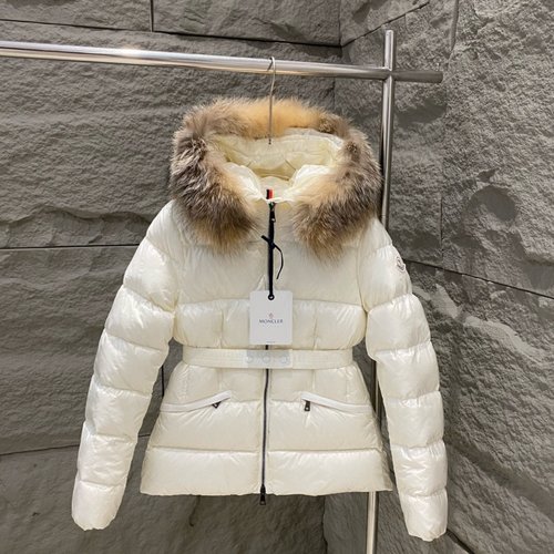 Moncler Detachable Fox Fur Collar Down Jacket with Waist Belt and Windproof Pockets