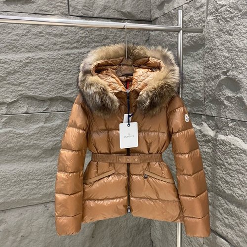 Moncler Detachable Fox Fur Collar Down Jacket with Waist Belt and Windproof Pockets