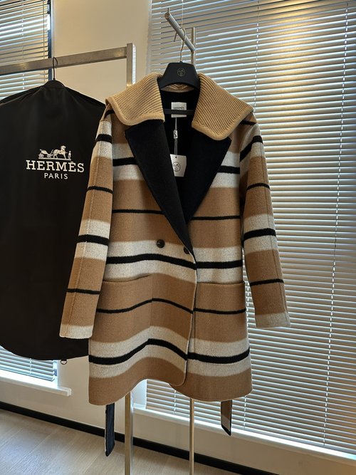 Hermes Luxury Checked Fabric Coat with Wool Knit Collar and Cashmere Accent