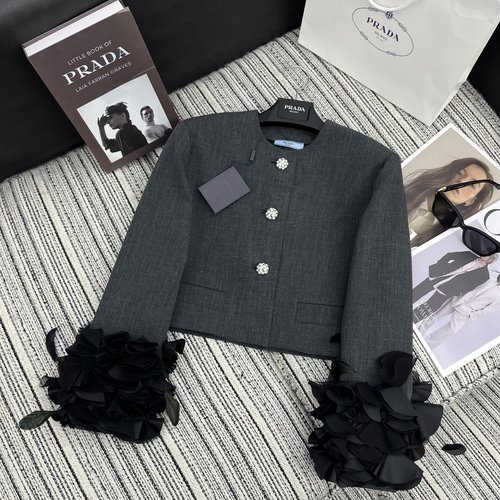 Prada Grey Round Collar Blazer with Ostrich Feather and Rhinestone Buttons