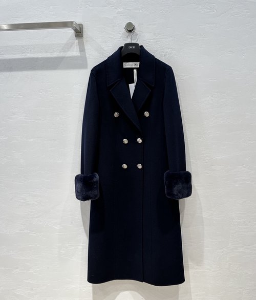 Dior Minimalist Double-Breasted Cashmere Coat with Detachable Fur Cuffs