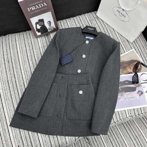Prada Round Collar Suit Jacket with Custom Water-drill Buttons
