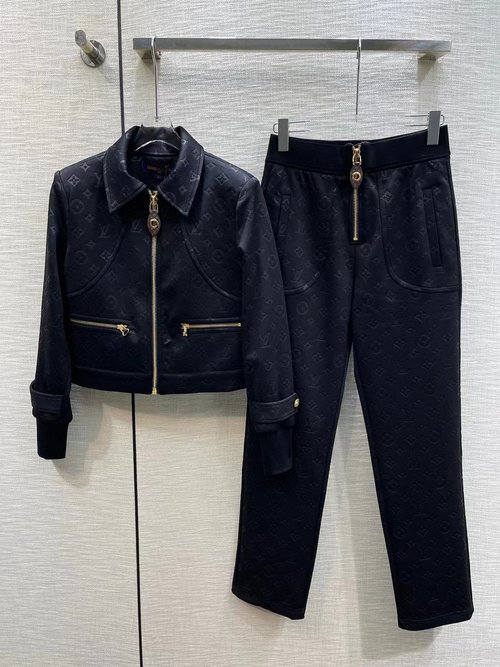 Louis Vuitton Floral Knit Collar Coat and Trousers Set in Premium Corduroy Fabric