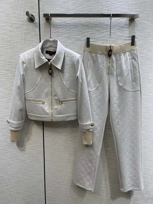 Louis Vuitton Floral Knit Collar Coat and Trousers Set in Premium Corduroy Fabric