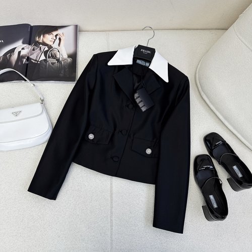 Prada Black Zircon Chic Set: Cropped Jacket and A-Line Skirt