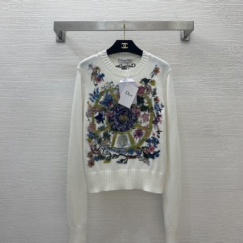 Dior Round-necked Pullover Knit Top with Tarot and Flower Embroidery