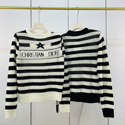 Dior Unique Hollow Striped Knit Long-Sleeve Top in Two Colors