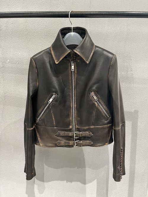 Prada New Style Hand-Rubbed Sheepskin Leather Jacket with Premium Accessories