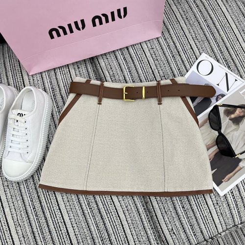 Miu Miu Mu Series Leather-Trimmed A-Line Skirt with Belt