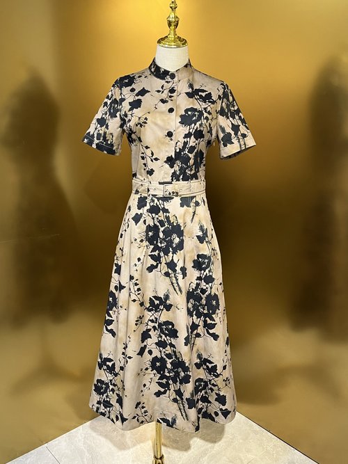 Dior Original Customized Apricot Base Black Flower Cotton Flared Dress