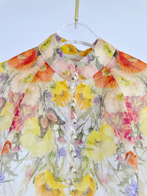 Louis Vuitton Silk Linen Organza Long-Sleeve Blouse with Red Butterflies Design