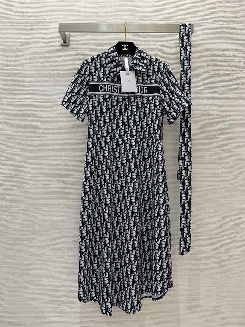 Dior Classic Monogram Printed Ruffled Sleeveless Dress with Belt