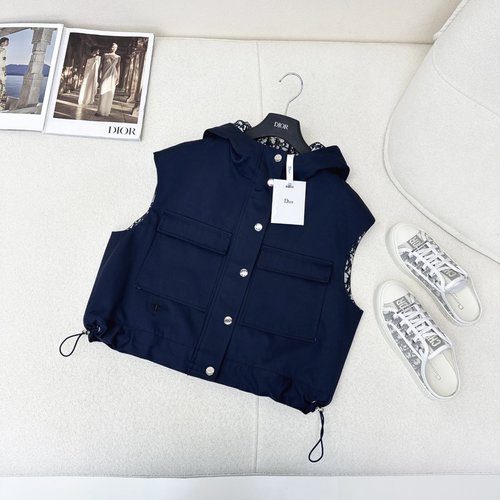 Dior Khaki Hooded Waterproof Vest with Classic Embroidery and Checked Lining